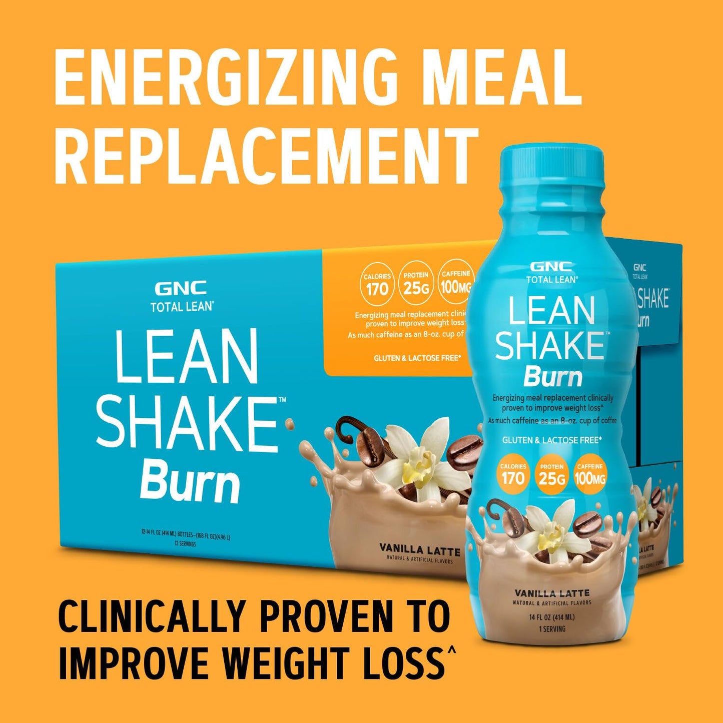 GNC Total Lean Shake Burn Vanilla Latte Ready-to-Drink Shake - 25g Protein Meal Replacement for Energy and Slimming Formula - Pack of 12 Bottles
