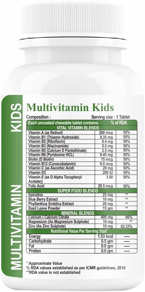 GOA NUTRITIONS Organic Touch Multivitamin for Kids with Vitamin C, D, E, B12, and Zinc - 60 Chewable Tablets for Growth, Development, Bone Health, and Immunity
