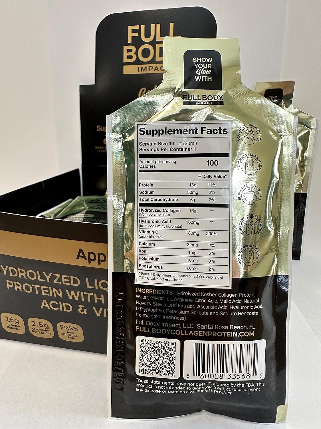 Gold Edition Apple Liquid Collagen Protein with Hyaluronic Acid & Vitamin C - 16,000mg Hydrolyzed Collagen Peptides - 24 Packets