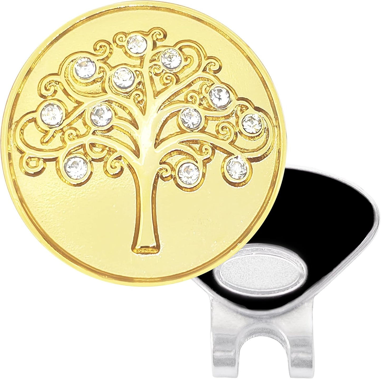 Gold Tree of Life Golf Ball Marker with Austrian Crystals | Magnetic Hat Clip | Family Golf Accessory Gift for Mother & Daughter Golfers