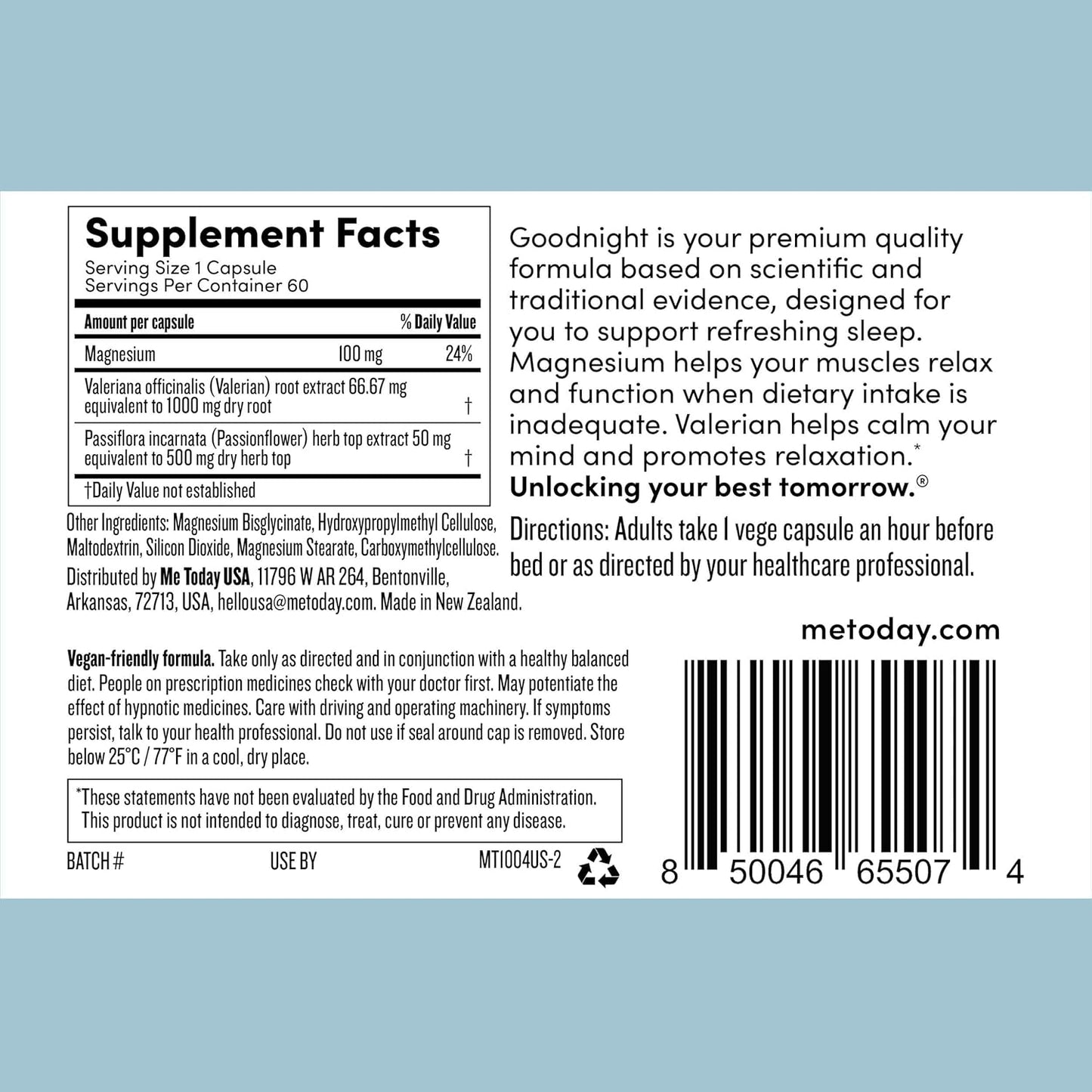 Goodnight Supplement for Relaxing and Restful Sleep Support with Magnesium - Vegan, 60 Capsules