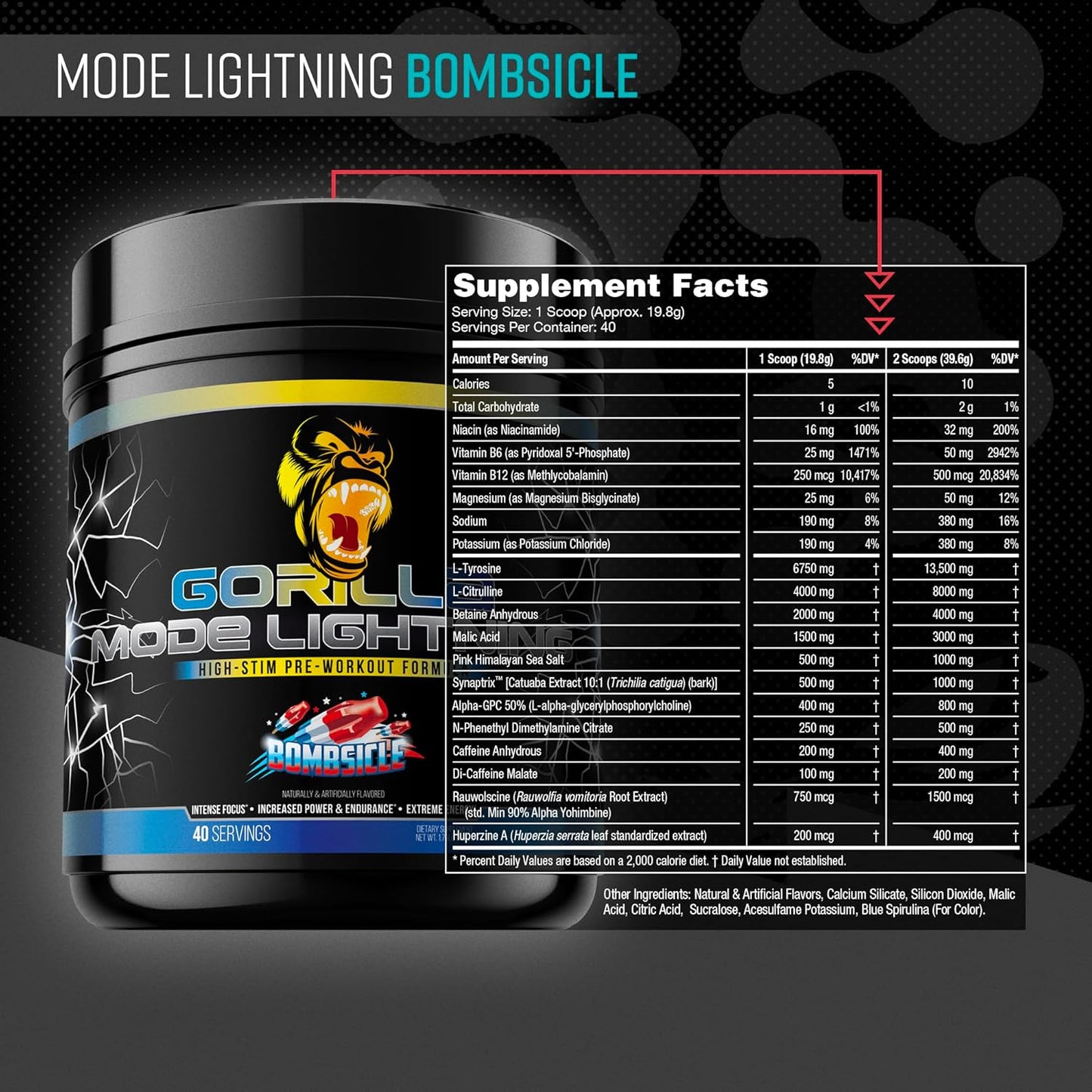 Gorilla Mind Gorilla Mode Lightning Pre-Workout - Explosive Energy & Focus - 550mg Caffeine, 13500mg L-Tyrosine, Alpha-GPC– 792g (Bombsicle)