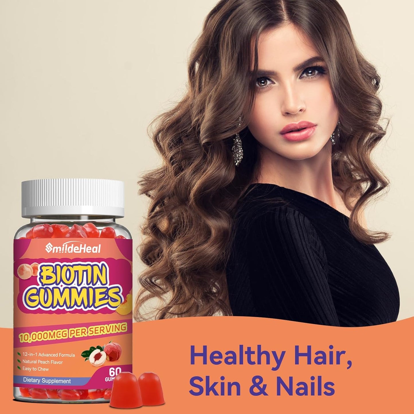 Hair Growth Biotin Gummies 2 Pack with Folic Acid & Vitamins for Men & Women - 10000 mcg, 120 Vegan Gummies