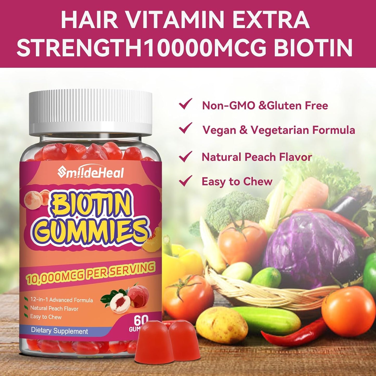 Hair Growth Biotin Gummies 2 Pack with Folic Acid & Vitamins for Men & Women - 10000 mcg, 120 Vegan Gummies