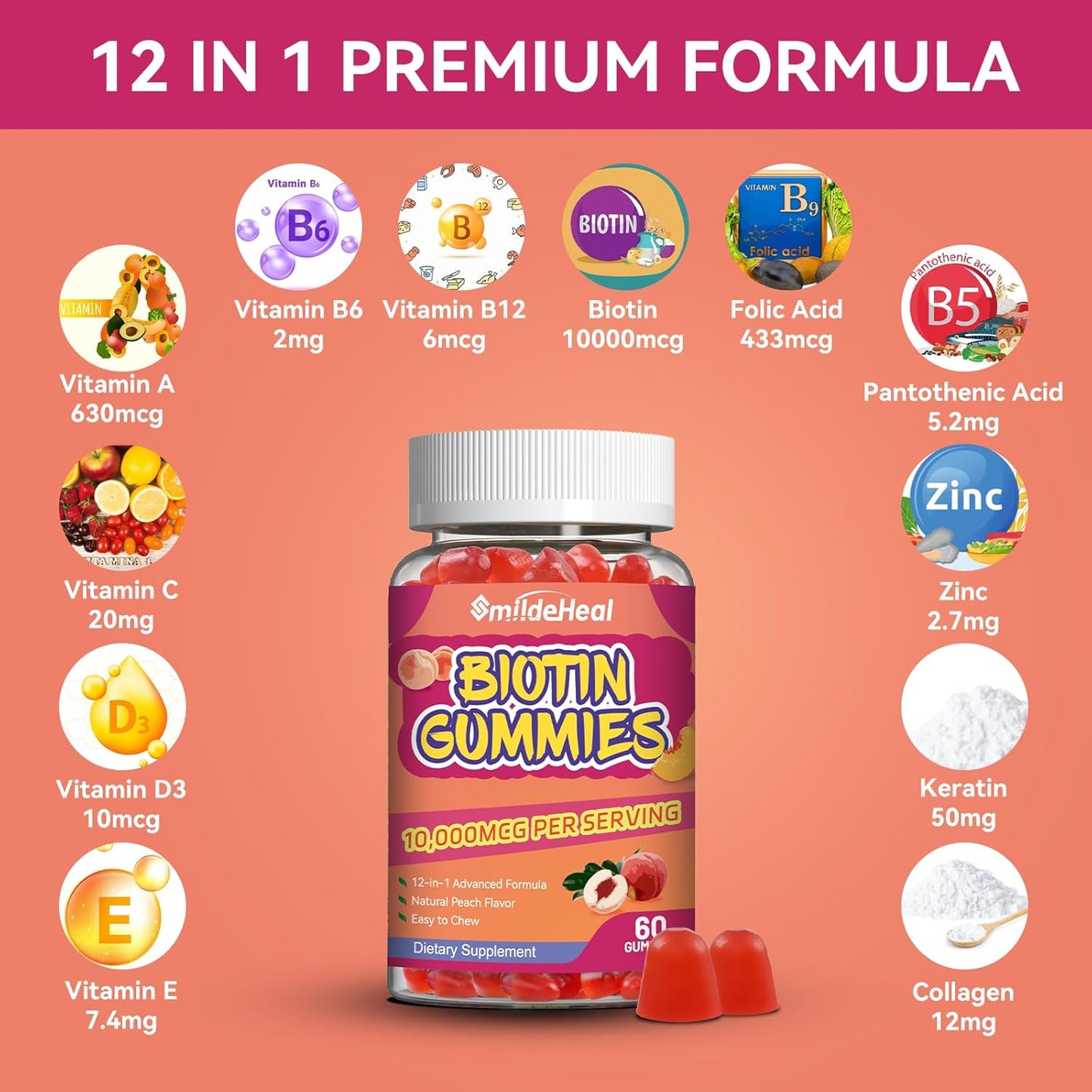 Hair Growth Biotin Gummies 2 Pack with Folic Acid & Vitamins for Men & Women - 10000 mcg, 120 Vegan Gummies