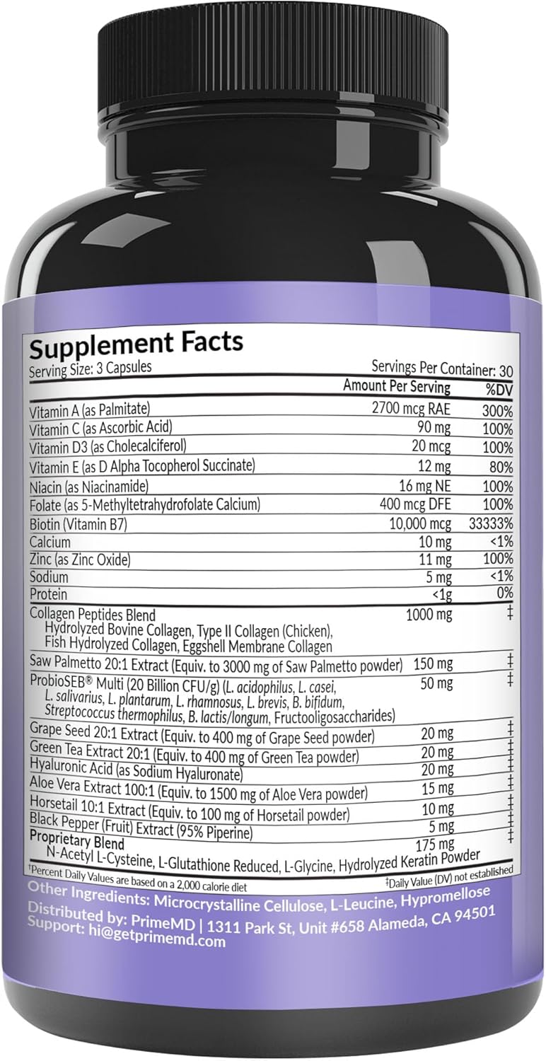 Hair Skin and Nails Vitamins with Biotin 10000mcg, Collagen, and Saw Palmetto - Men and Women's Hair Growth Supplements (180 ct)