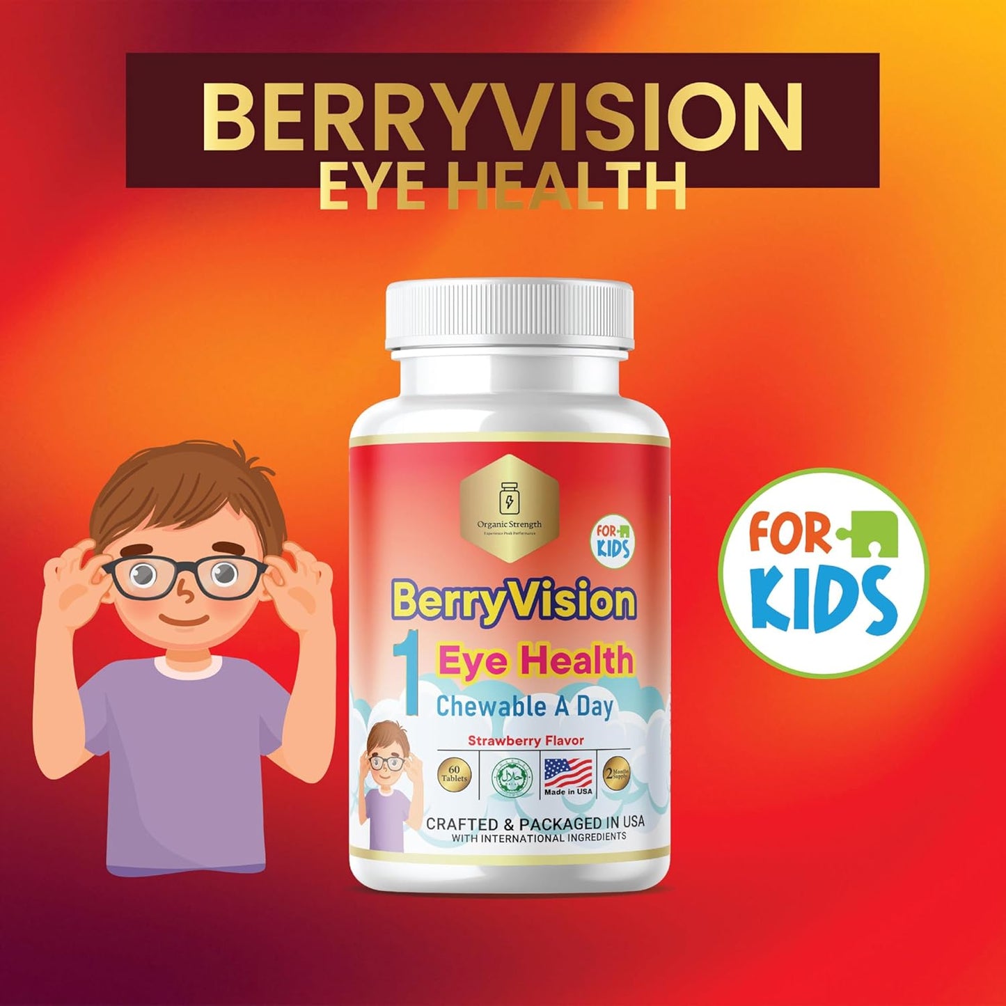 Halal Organic Kids Eye Health Vitamins - 60 Strawberry Chewables for Ages 4-12