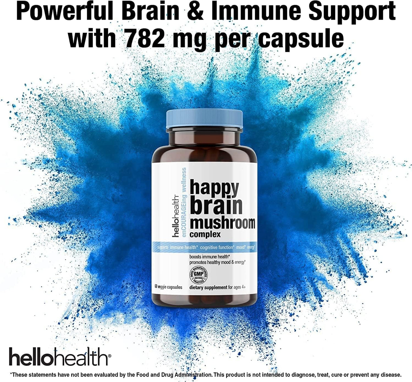 Happy Brain Mushroom Complex Nootropics Supplement - 10 Mushroom Blend for Clarity, Energy, Immune Support - 60ct x 4 Pack