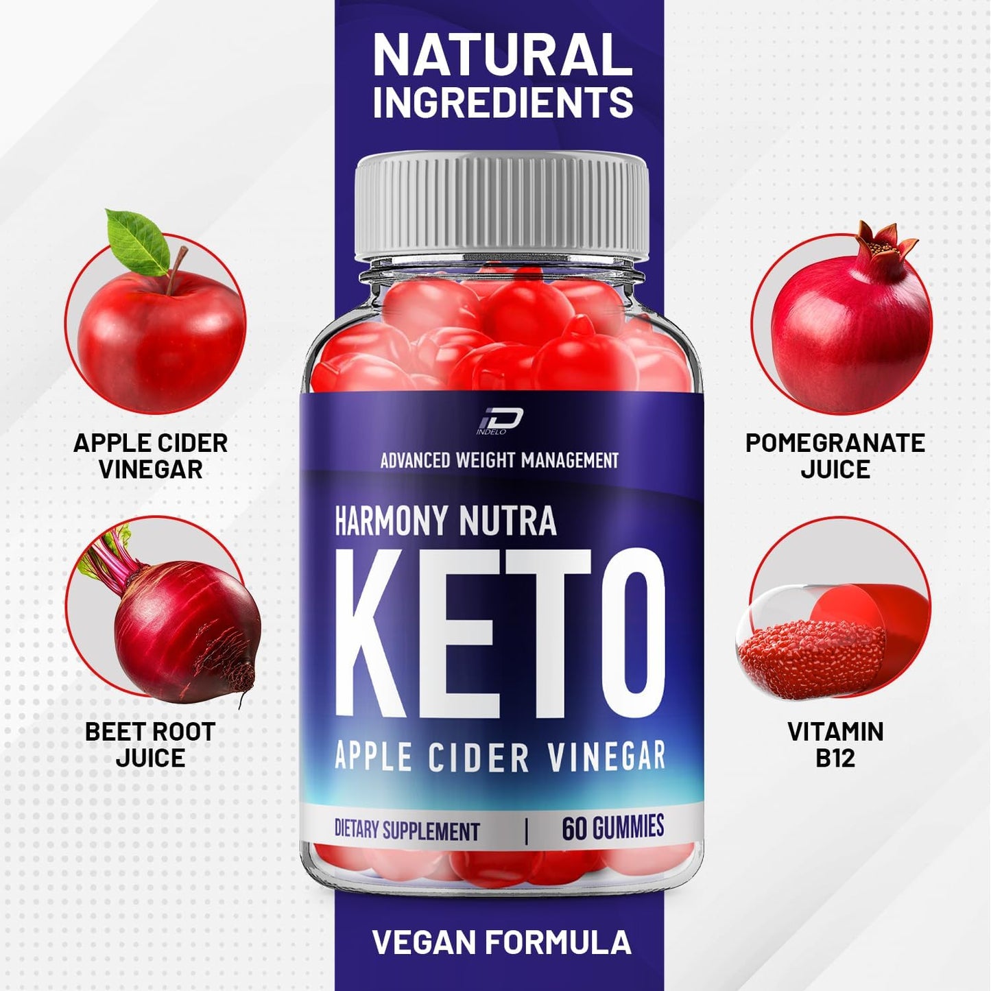 Harmonynutra Apple Cider Vinegar Gummies with Vitamin B12 - 1000MG ACV Supplement for Keto Diet - 60 Gummies in 1 Pack