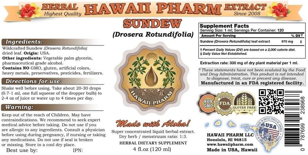 HawaiiPharm Sundew Leaf Powder Tincture 2 fl.oz - Herbal Supplement Made in USA