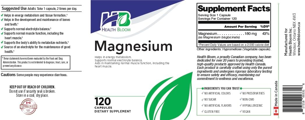 Health Bloom Inc. Magnesium Capsules - 120 Count | Essential Vitamins and Minerals for Health Bloom