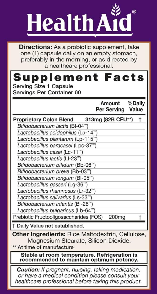 HealthAid ColonProbio 82 Billion: 14 Strains, Prebiotic, Optimal Colon Care, 60ct, Daily, Acid & Bile Resistant, Dairy & Gluten Free, Non-GMO