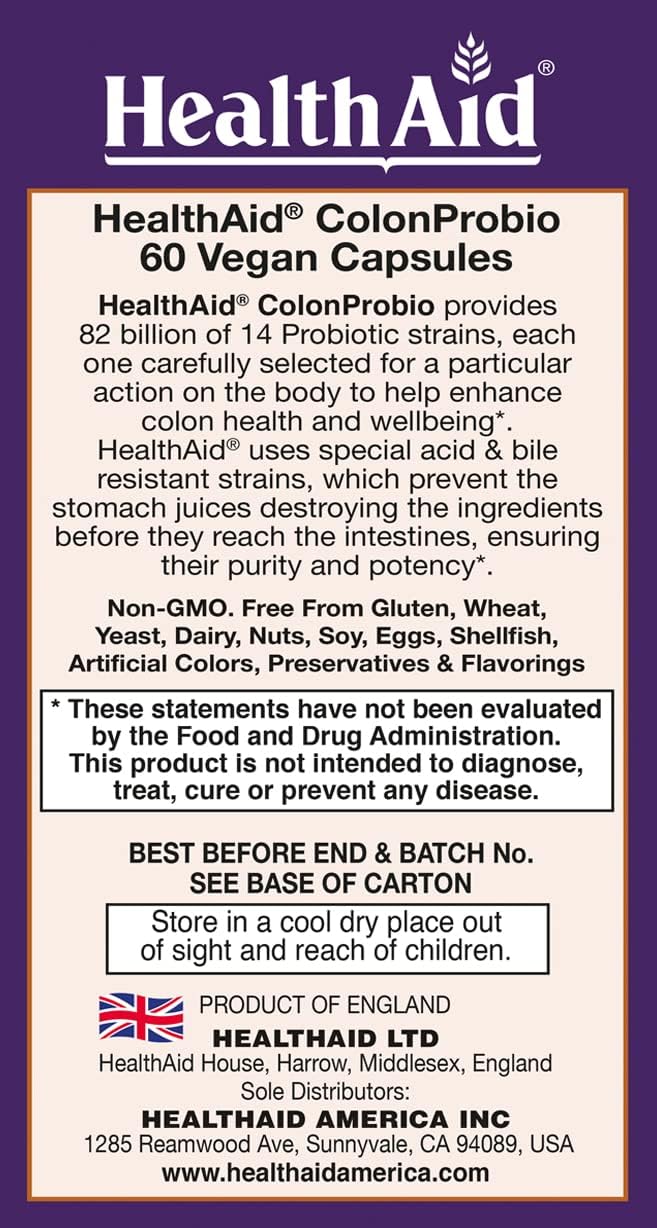HealthAid ColonProbio 82 Billion: 14 Strains, Prebiotic, Optimal Colon Care, 60ct, Daily, Acid & Bile Resistant, Dairy & Gluten Free, Non-GMO
