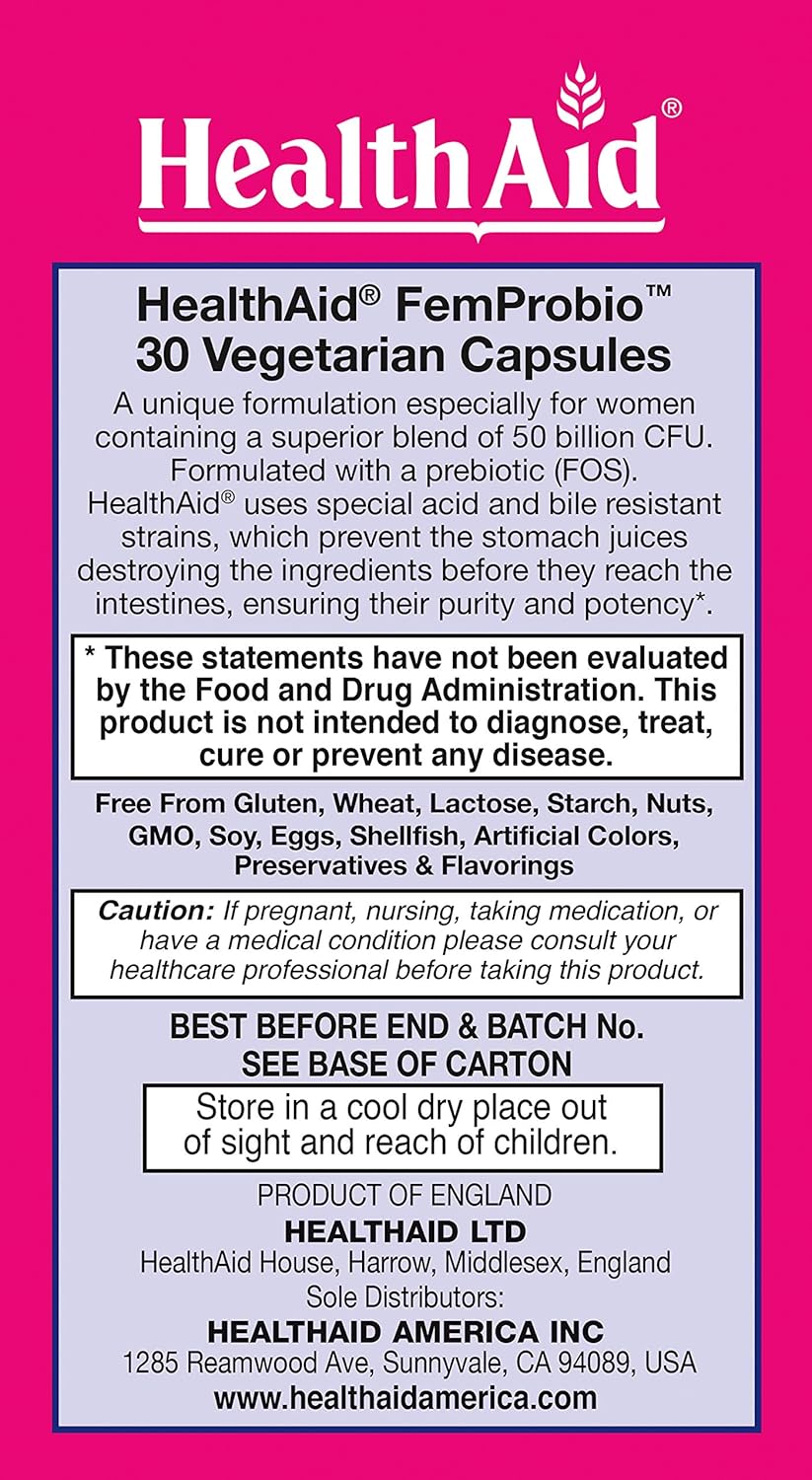 HealthAid FemProbio 50 Billion Prebiotic Vaginal Support 30ct Acid Bile Resistant Lactose Gluten GMO Free Vegetarian
