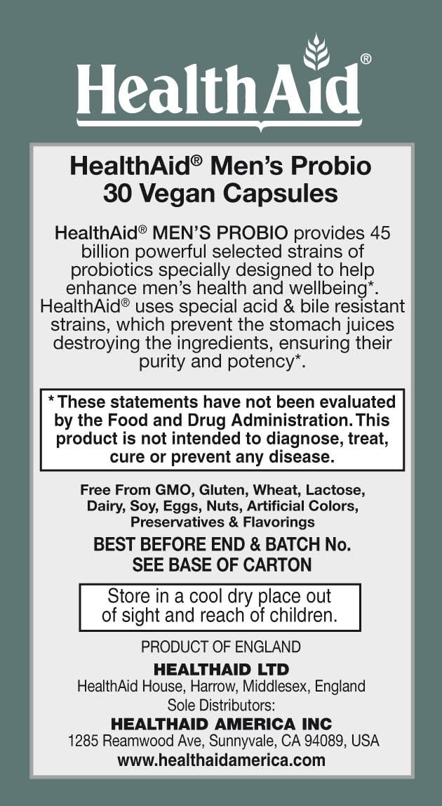 HealthAid Men's Probiotic Supplement with 45 Billion CFUs, 10 Strains, 30 Capsules - Acid and Bile Resistant, Non-Dairy, Non-GMO, Vegan Friendly