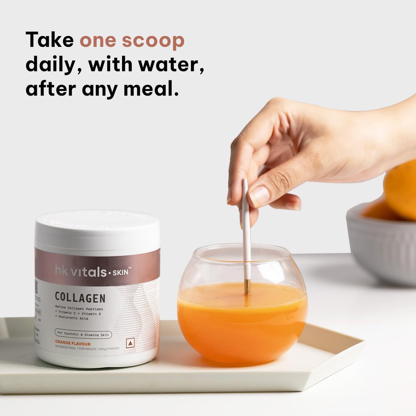 HealthKart Hk Vitals Marine Collagen Supplement - Orange, 200g - with Vitamin C, E, Sodium Hyaluronate for Skin, Hair, Nails