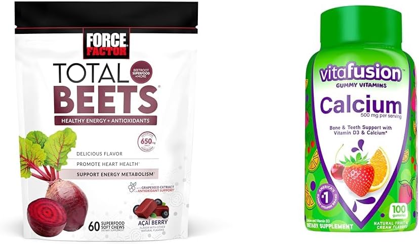 Heart Health & Bone Support Bundle: Force Factor Total Beets Chews & vitafusion Calcium Gummies - 60 & 100 Count