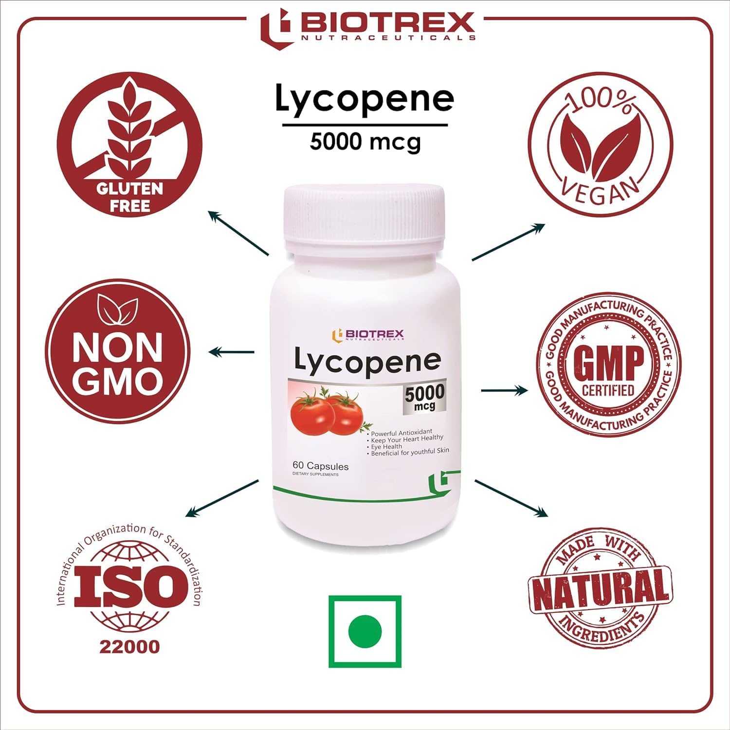 Heart Health Support: Lycopene with Multivitamins 5000mcg Antioxidant Supplement - 60 Veg Capsules