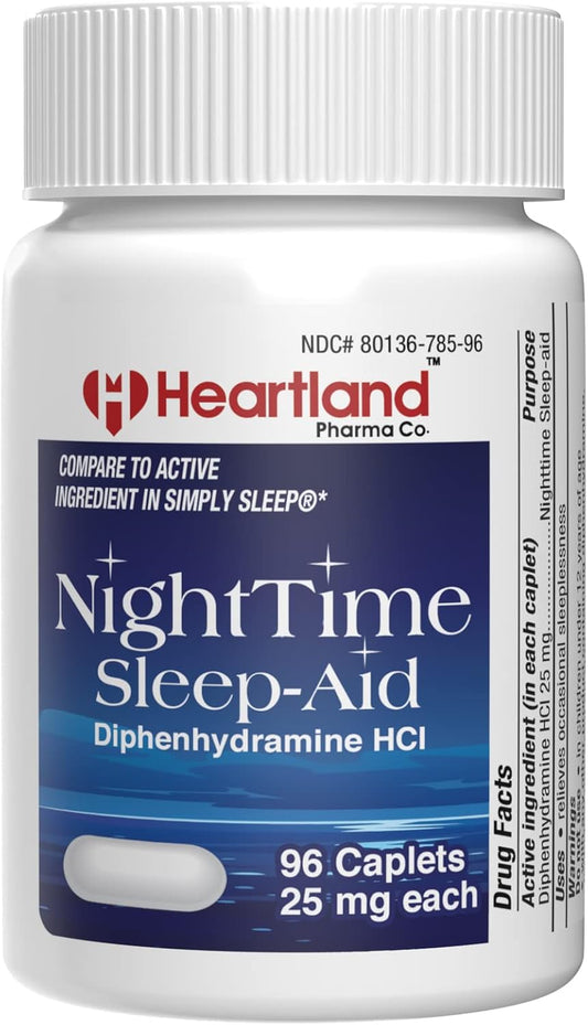 Heartland Pharma Diphenhydramine HCI 25mg Sleep Aid Caplets 96 Count - Extra Strong Adult Sleeping Pills - Natural Sleep Aids for Relief