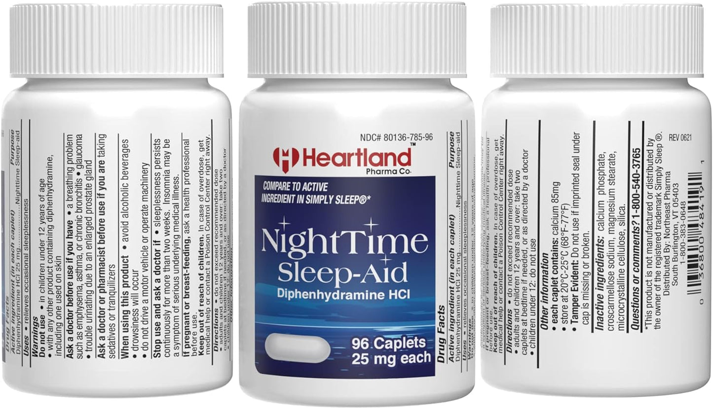 Heartland Pharma Diphenhydramine HCI 25mg Sleep Aid Caplets 96 Count - Extra Strong Adult Sleeping Pills - Natural Sleep Aids for Relief