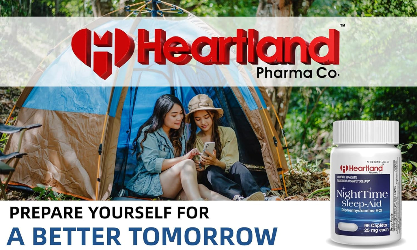 Heartland Pharma Diphenhydramine HCI 25mg Sleep Aid Caplets 96 Count - Extra Strong Adult Sleeping Pills - Natural Sleep Aids for Relief