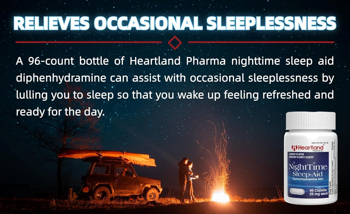 Heartland Pharma Diphenhydramine HCI 25mg Sleep Aid Caplets 96 Count - Extra Strong Adult Sleeping Pills - Natural Sleep Aids for Relief