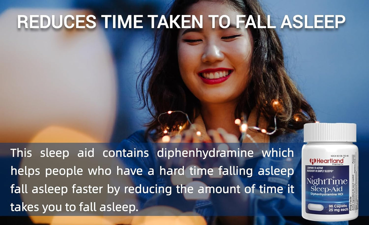 Heartland Pharma Diphenhydramine HCI 25mg Sleep Aid Caplets 96 Count - Extra Strong Adult Sleeping Pills - Natural Sleep Aids for Relief