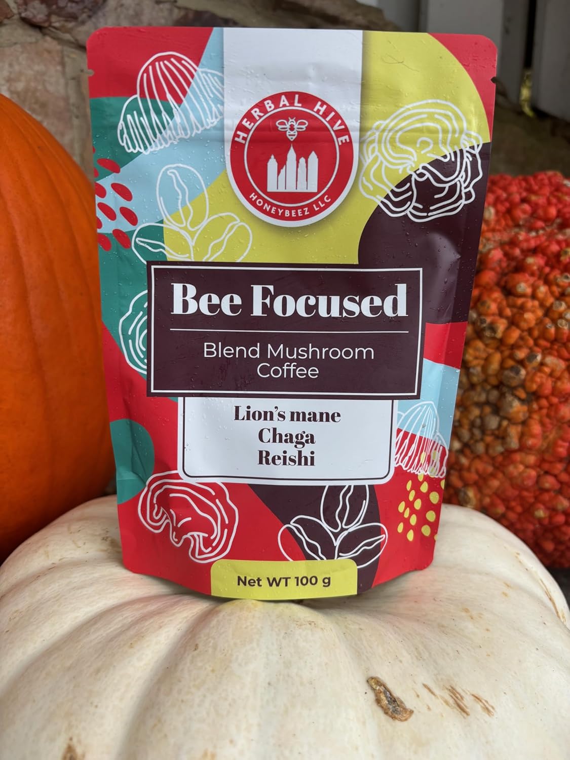 Herbal Hive Mushroom Coffee with Adaptogens, Reishi, Lion's Mane, Chaga - Low Acid Instant Dark Roast - 30 Servings
