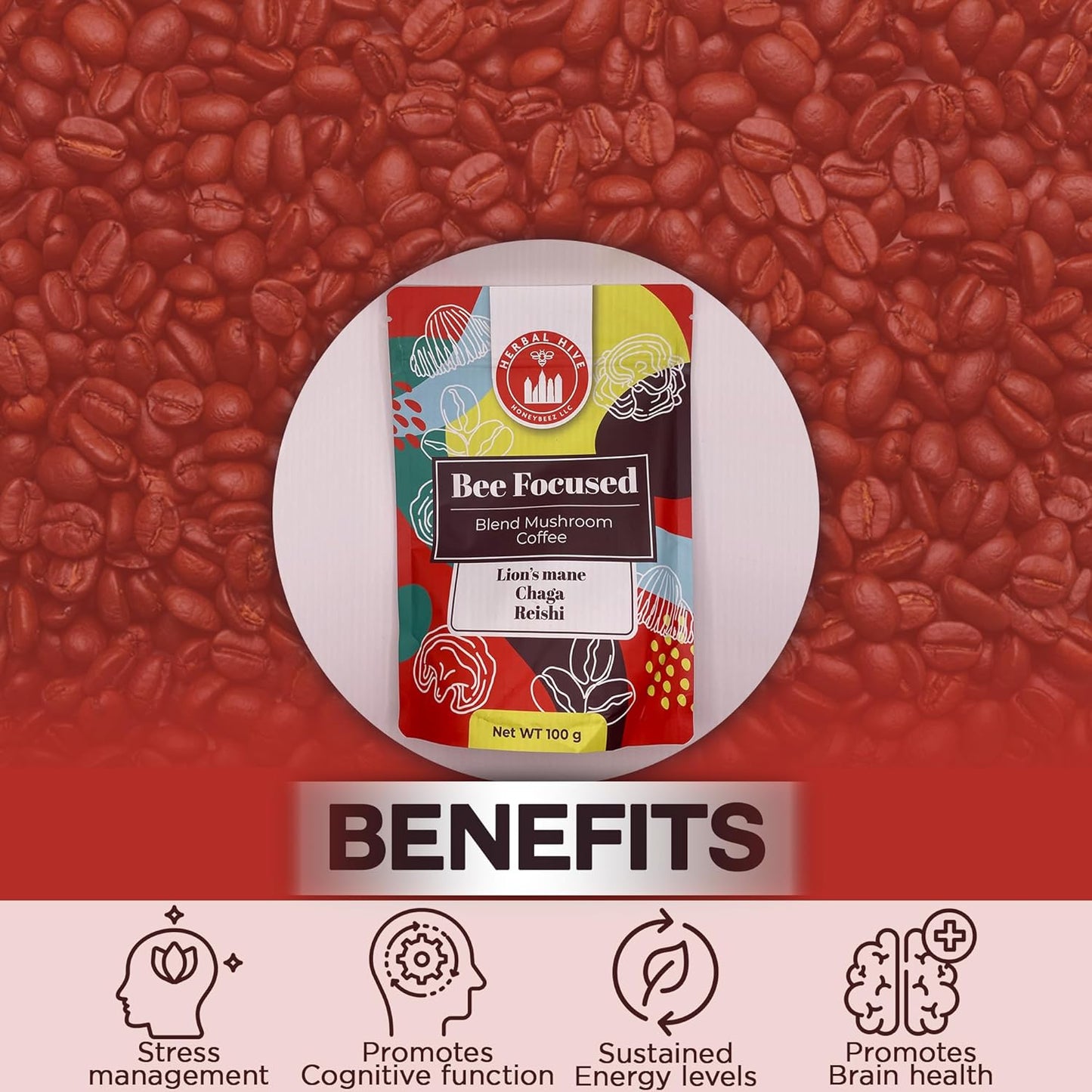 Herbal Hive Mushroom Coffee with Adaptogens, Reishi, Lion's Mane, Chaga - Low Acid Instant Dark Roast - 30 Servings