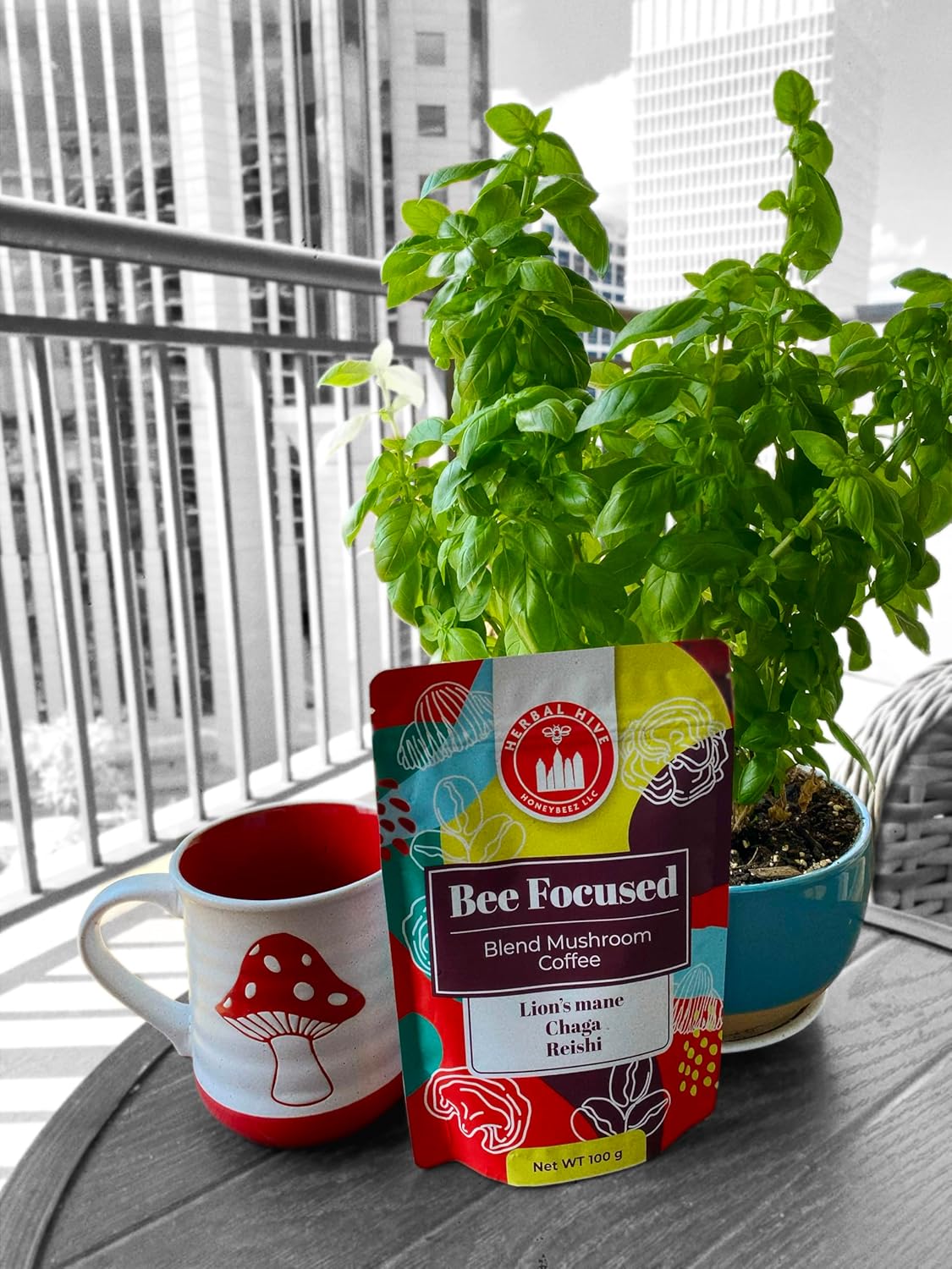 Herbal Hive Mushroom Coffee with Adaptogens, Reishi, Lion's Mane, Chaga - Low Acid Instant Dark Roast - 30 Servings
