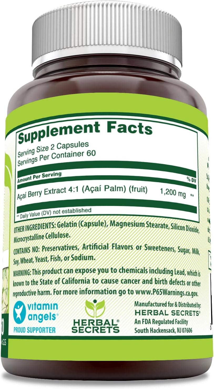 Herbal Secrets Acai 1200 Mg 120 Capsules - Non-GMO, Gluten Free | USA Made Acai Supplement