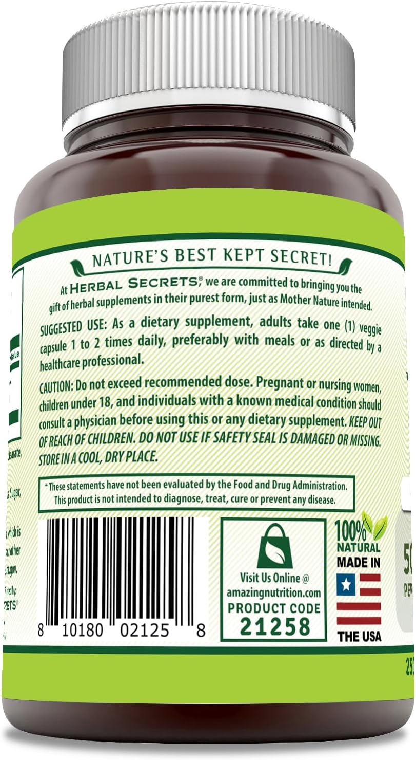 Herbal Secrets Maca 500mg - 250 Veggie Capsules | Non-GMO, Gluten Free, USA Made | Vegetarian Friendly