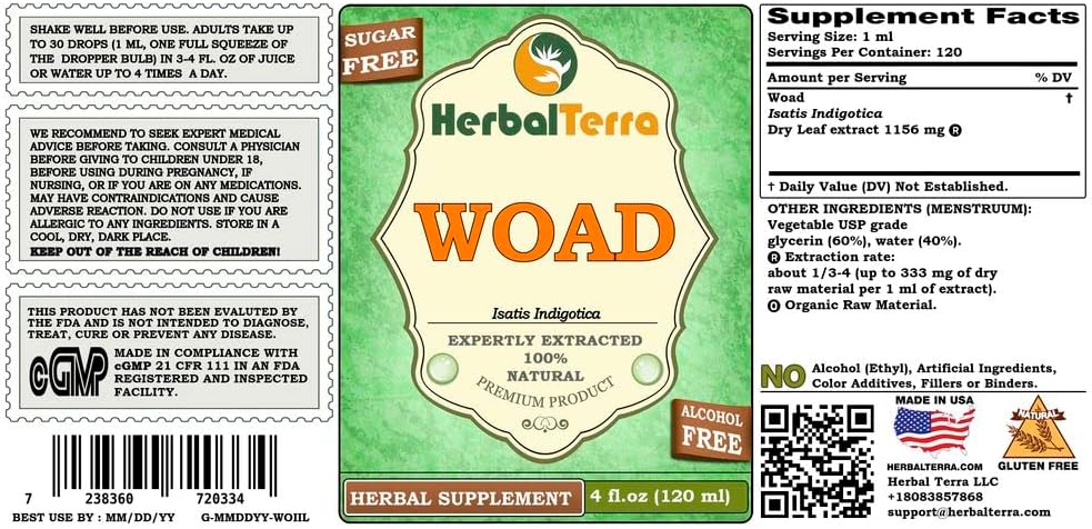 Herbal Terra LLC Woad (Isatis Indigotica) Glycerite - Alcohol-Free Liquid Extract - 4 fl.oz - Made in USA