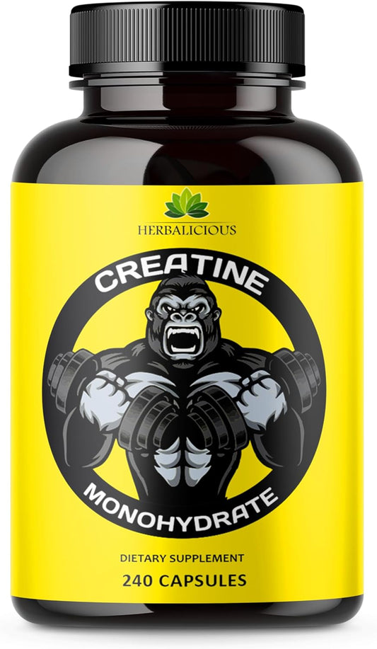 Herbalicious Creatine Monohydrate Pills for Muscle Size, Strength, and Power - Non-GMO Formula - 240 Capsules