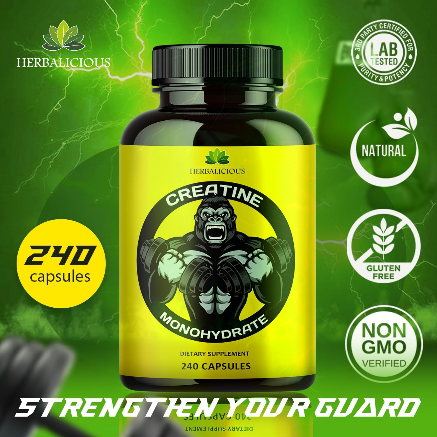 Herbalicious Creatine Monohydrate Pills for Muscle Size, Strength, and Power - Non-GMO Formula - 240 Capsules