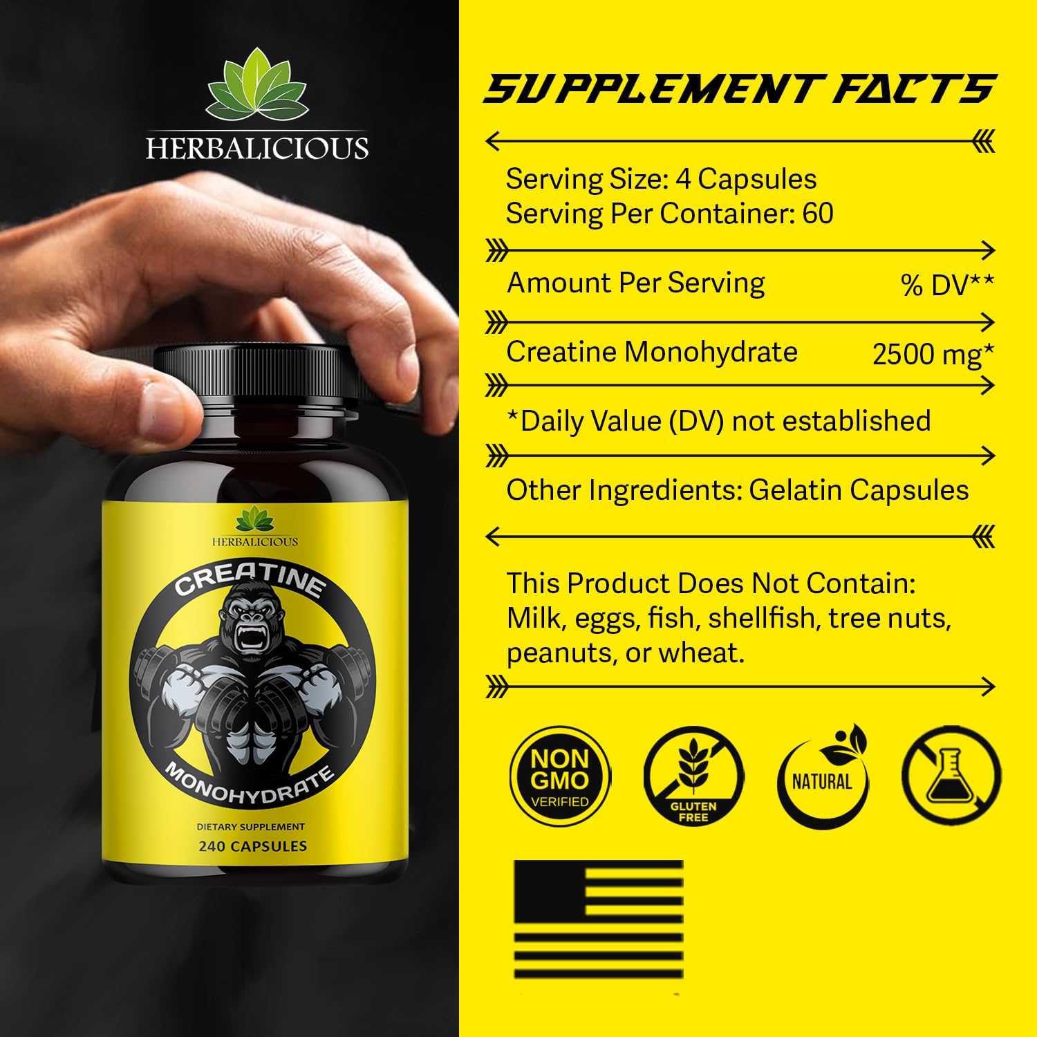 Herbalicious Creatine Monohydrate Pills for Muscle Size, Strength, and Power - Non-GMO Formula - 240 Capsules