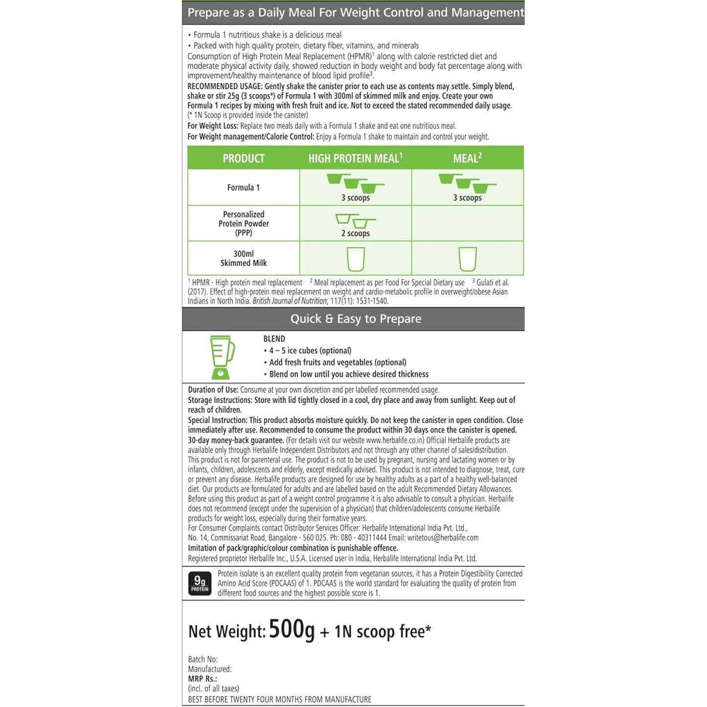 Herbalife Formula 1 Nutritional Shake Mix Pack of 2 - 500g Each - Banana Flavor - Protein Powder for Slimming Formula Meal Replacement