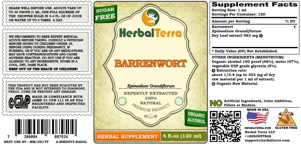 HerbalTerra LLC Barrenwort Tincture - Dried Leaves Liquid Extract - 4 fl.oz - Made in USA