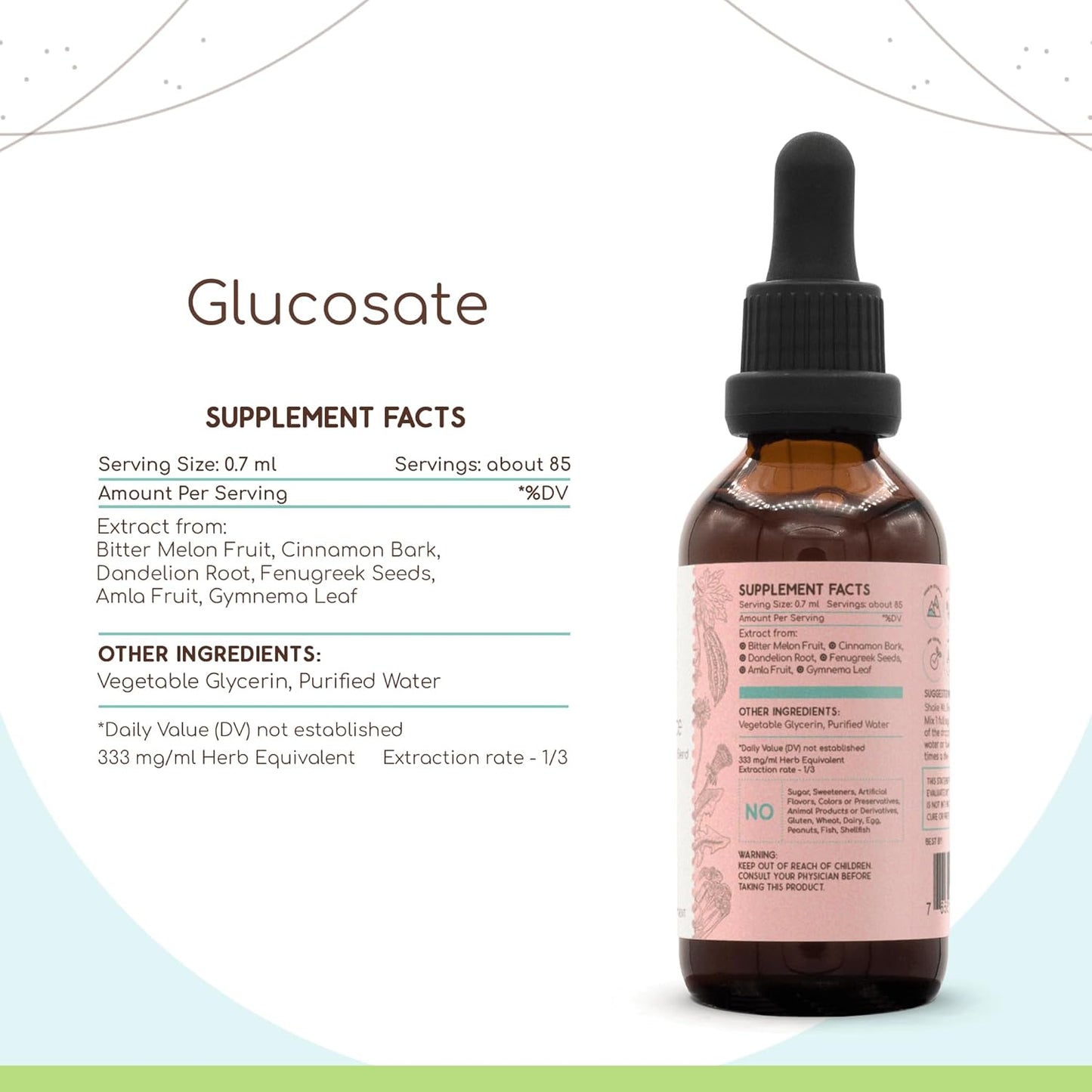 HerbEra Glucosate B60 Alcohol-Free Extract Tincture with Bitter Melon, Cinnamon, Dandelion, Gymnema, Fenugreek, and Amla for Healthy Sugar Levels - 2 Fl Oz