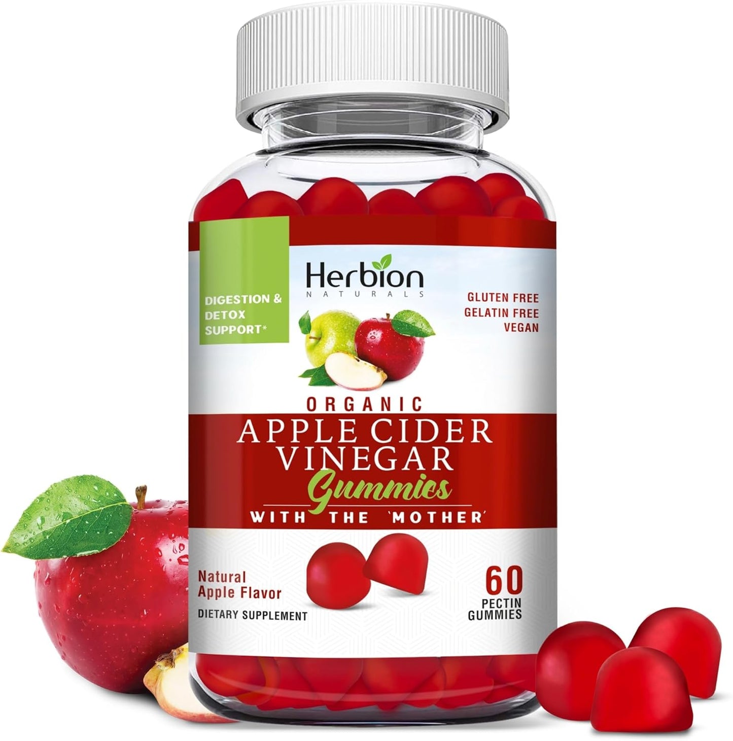 Herbion Naturals Organic Apple Cider Vinegar Gummies with "Mother" - Digestion & Detox Support - Vegan - USA Made - 3 Pack