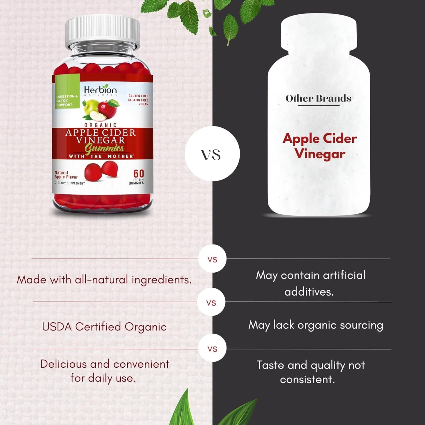 Herbion Naturals Organic Apple Cider Vinegar Gummies with "Mother" - Digestion & Detox Support - Vegan - USA Made - 3 Pack