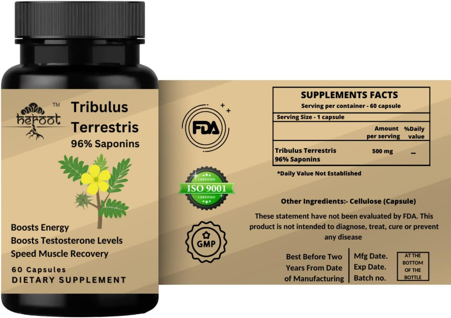 Heroot Tribulus Terrestris Energy Booster Supplement for Men and Women - 60 Capsules for Stamina and Vitality
