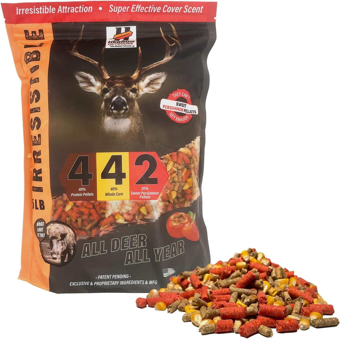 Herron Outdoors 4-4-2 Persimmon Protein Pellets & Whole Corn Deer Attractant - Feed Enhancer for Whitetail Deer - 5lbs