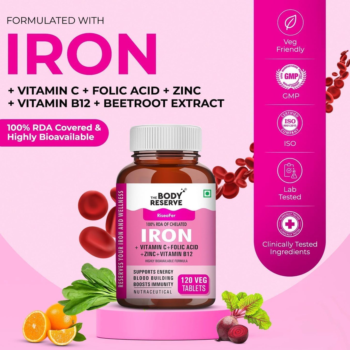 High Absorption Chelated Iron and Vitamin C Tablets with B12, Zinc, Folic Acid, Beetroot Extract - 120 Veg Tablets - Supports Blood Building, Energy, and Immunity - 100% RDA - Vegan Friendly
