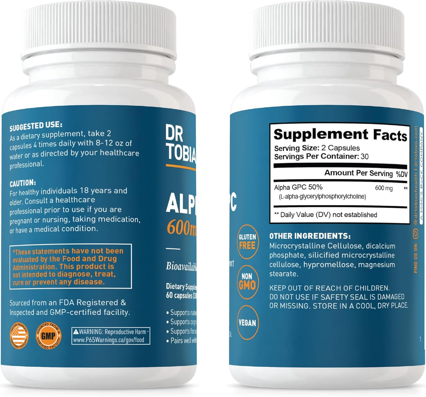High Absorption Dr. Tobias Alpha GPC & Magnesium Bisglycinate Supplements for Brain Function & Health