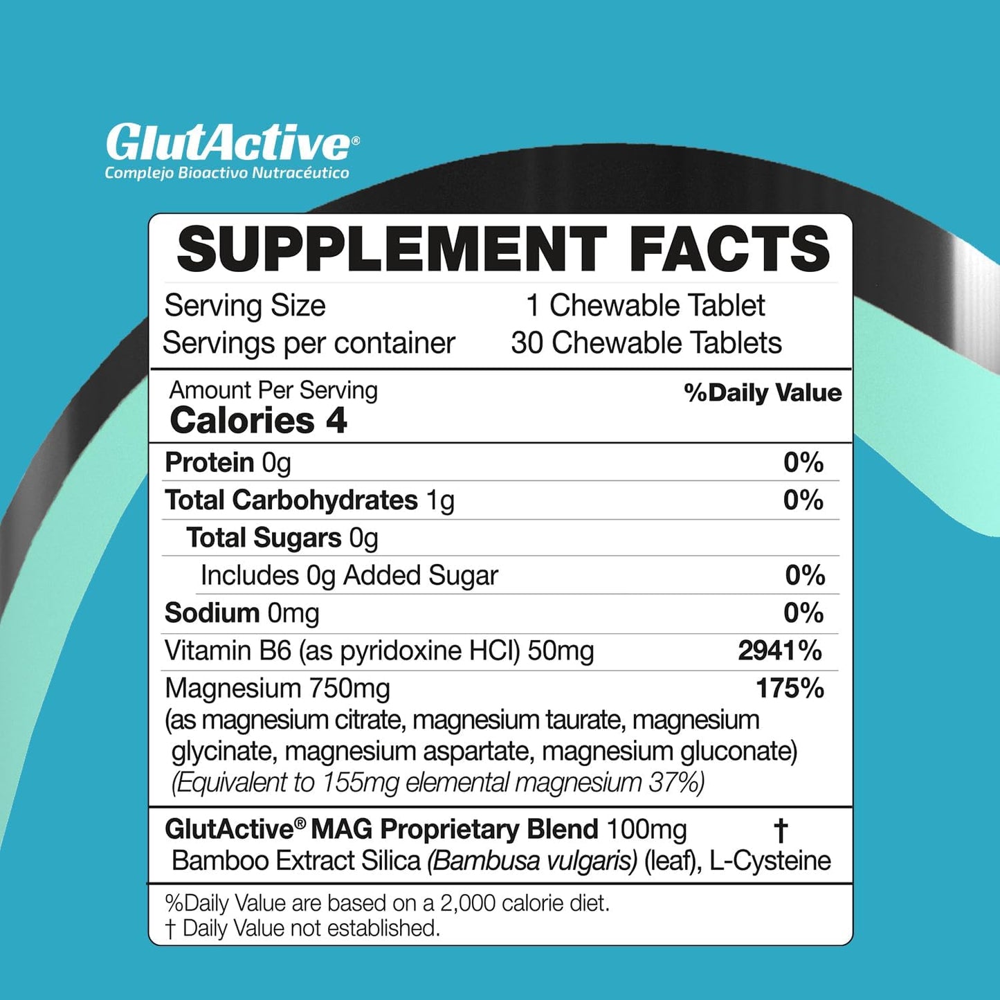 High-Absorption GlutActive MAG Magnesium 750mg Chewable Tablets with 5 Sources - Sugar-Free - 30 Tablets