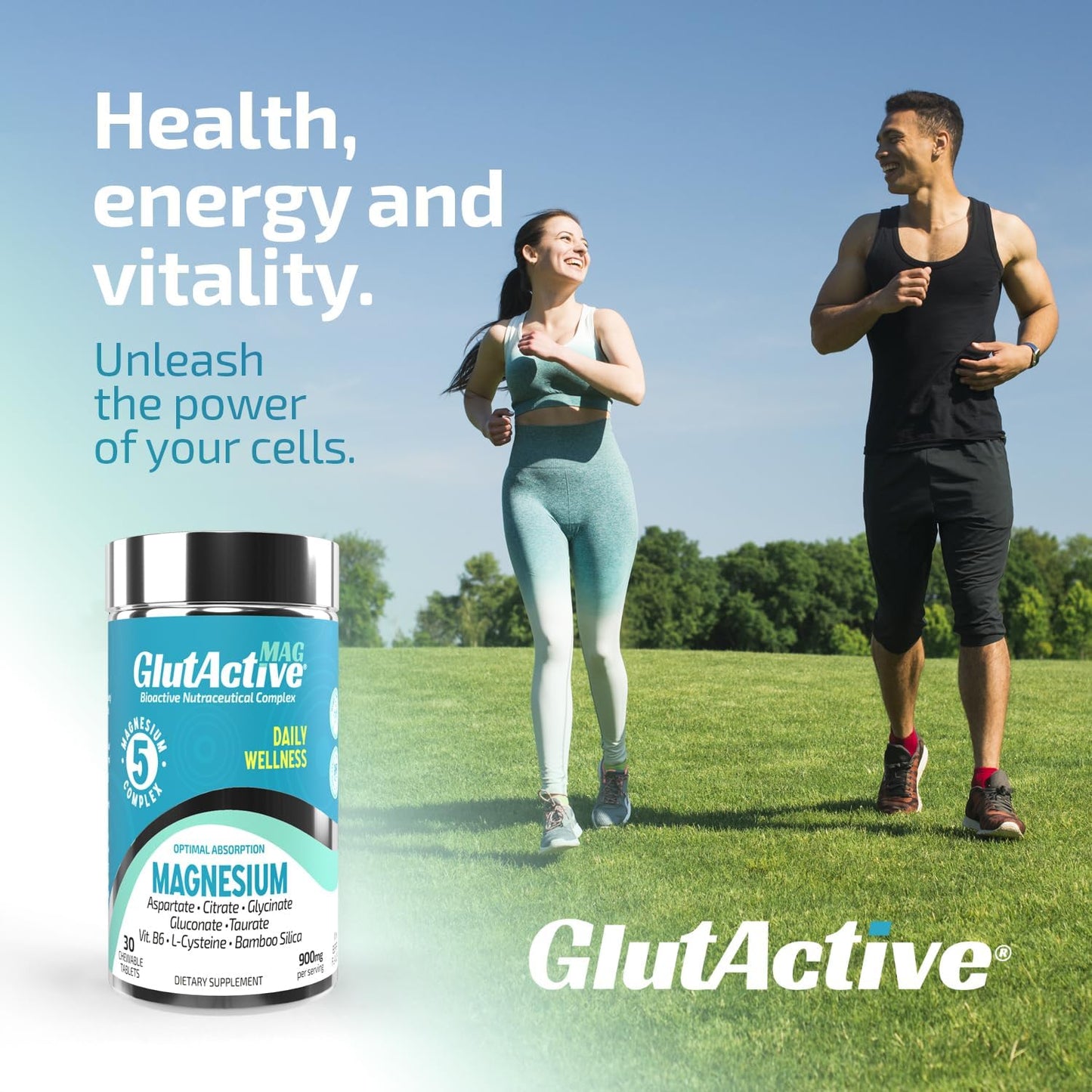 High-Absorption GlutActive MAG Magnesium 750mg Chewable Tablets with 5 Sources - Sugar-Free - 30 Tablets