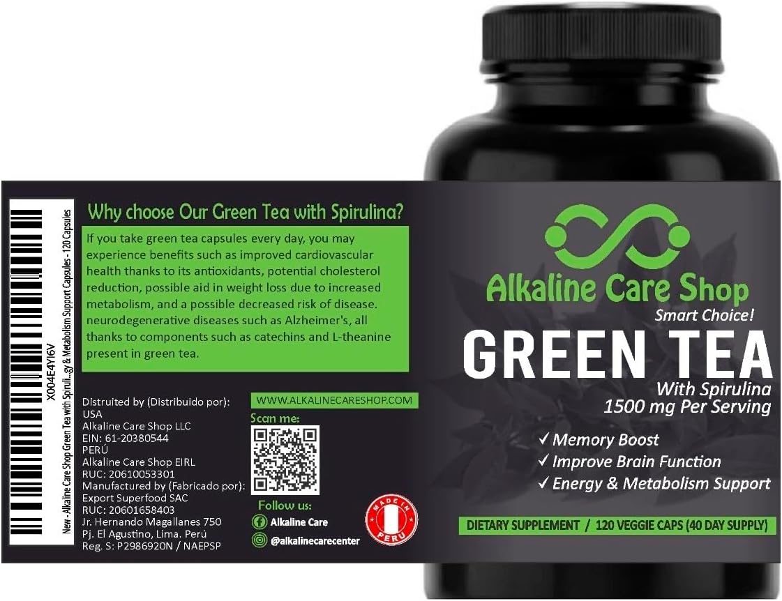 High Absorption Green Tea & Spirulina Extract Capsules - Boost Energy & Metabolism - 1500mg Potent Supplement - Alkaline Care Shop