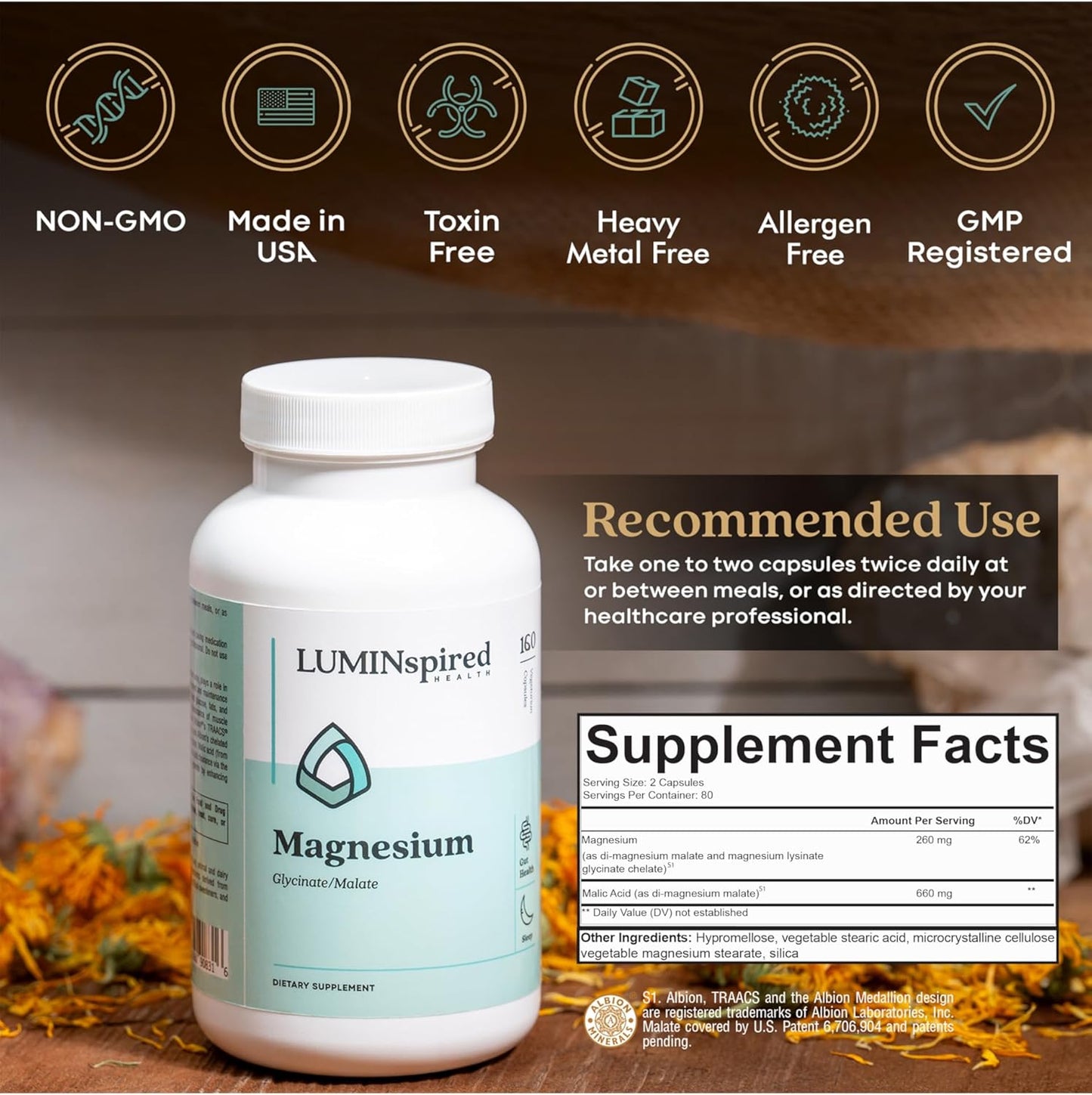 High Absorption Magnesium Glycinate 260mg Capsules - Muscle Relaxation, Bone & Heart Health - 160 Vegan, Non-GMO, Gluten-Free - LUMINSPIRED HEALTH