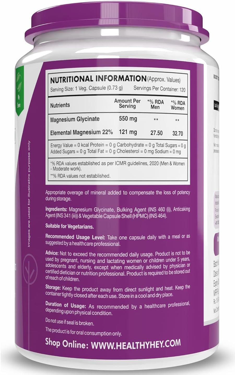 High Absorption Magnesium Glycinate Capsules for Sleep, Cramps, Nerves - 120 Vegetarian Capsules